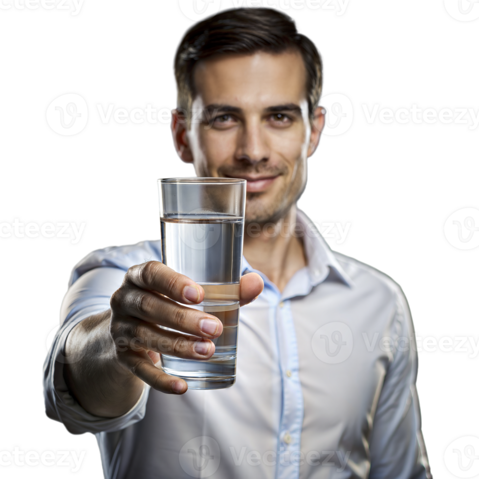 Businessman offering a glass of water with a friendly smile png