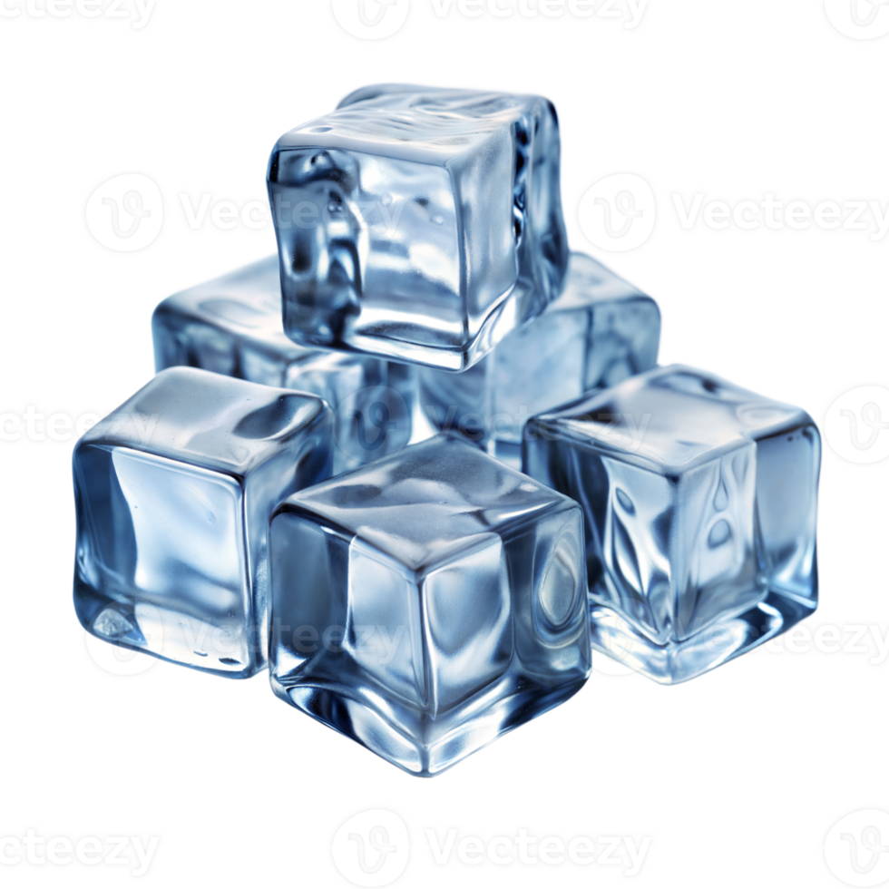 Stack of crystal clear ice cubes on reflective surface png