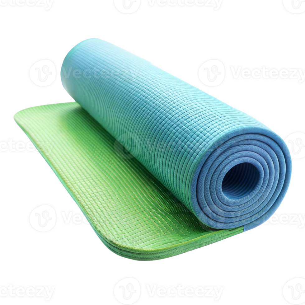 bleu et vert yoga tapis roulé en haut sur transparent Contexte png