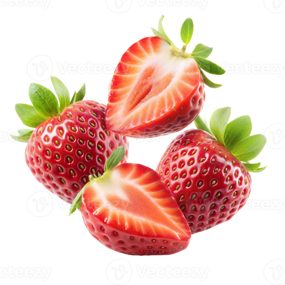 Fresh whole and sliced strawberries on transparent background png