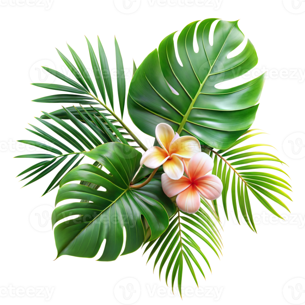 Tropical plumeria and palm leaves on a transparent background png