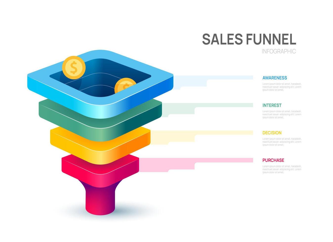 Sales funnel Infographic diagram template for business.4 step arrows, marketing and startup business, infographics. vector