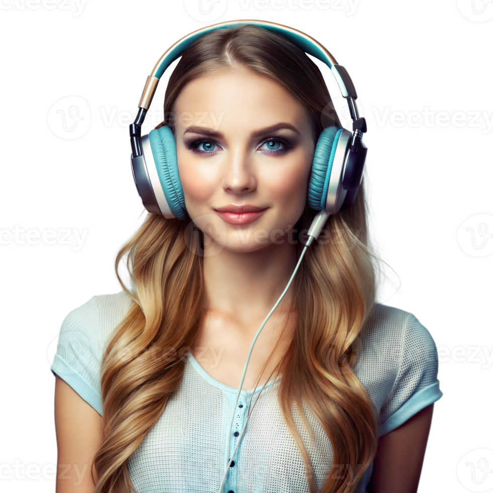 Young woman enjoying music on headphones with serene expression png