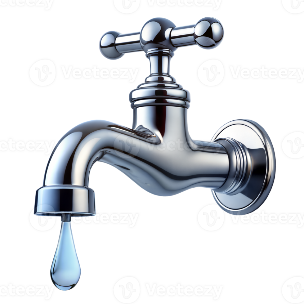 Chrome water faucet with a single drop falling png