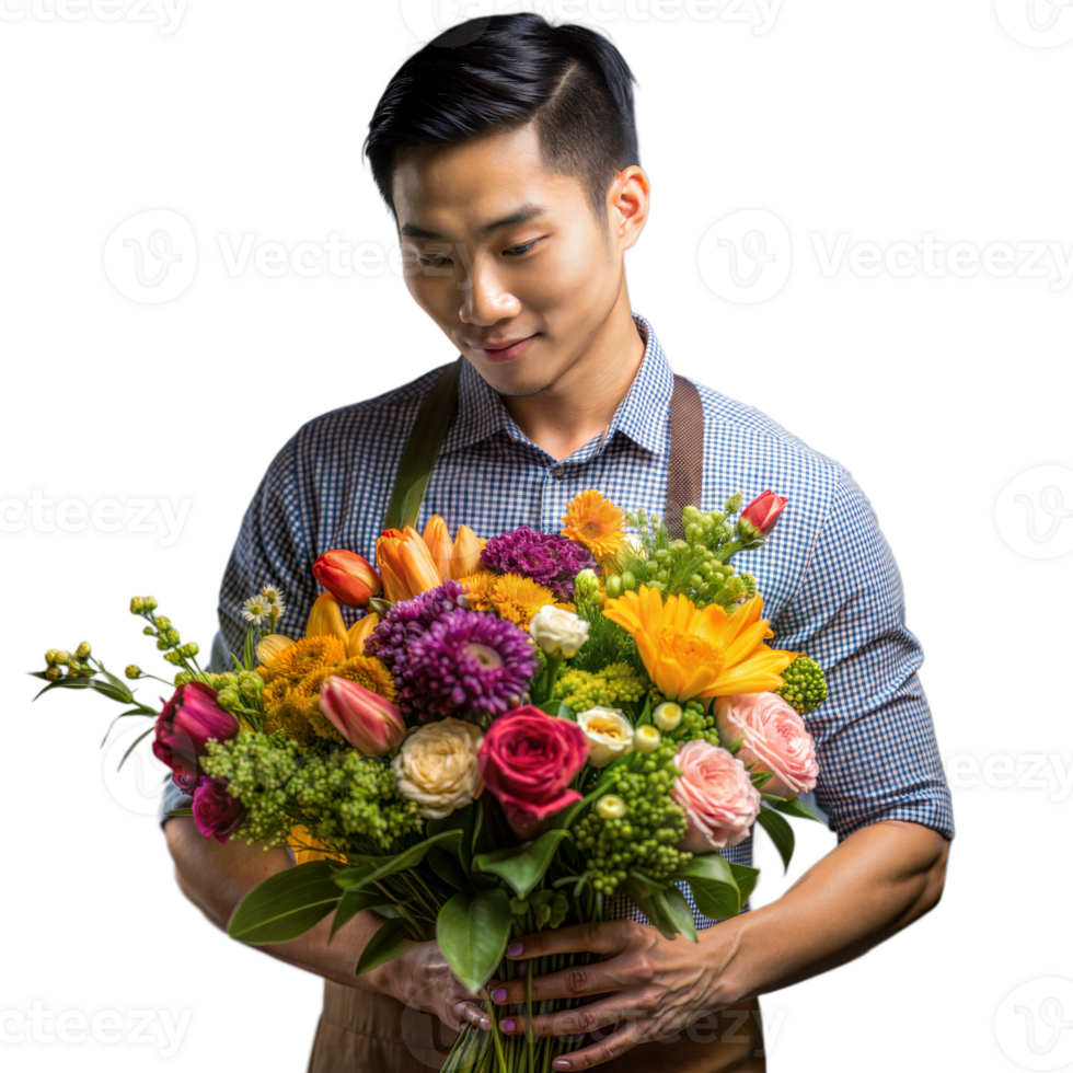 Florist holding a vibrant bouquet of fresh flowers png