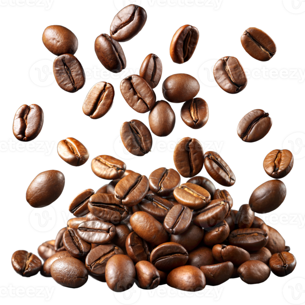 Floating coffee beans on a seamless transparent background png
