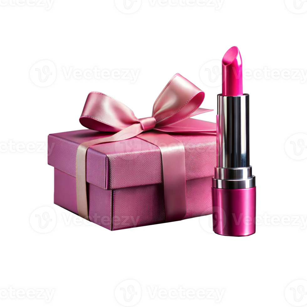 Elegant pink lipstick and gift box with satin ribbon png