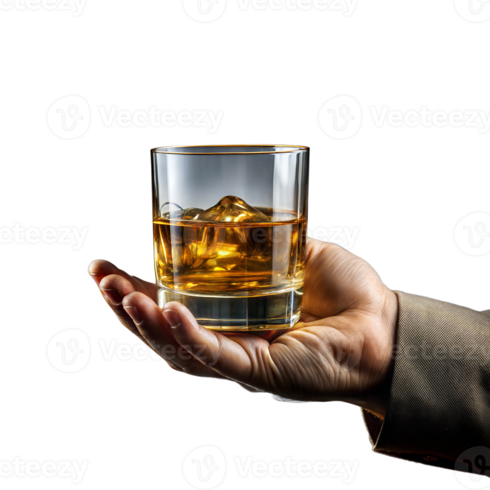 Hand presenting a glass of whiskey with ice on a clear backdrop png
