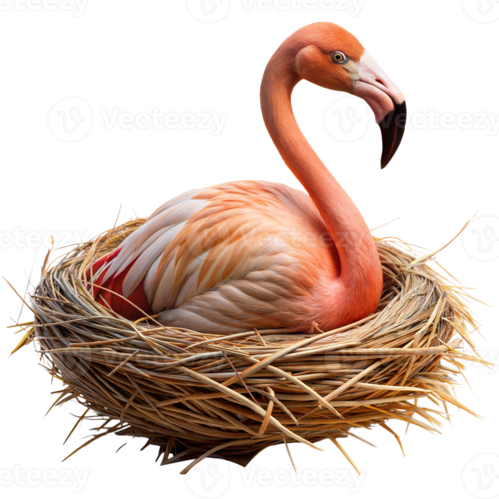 Graceful flamingo sitting in a straw nest on a clear background png