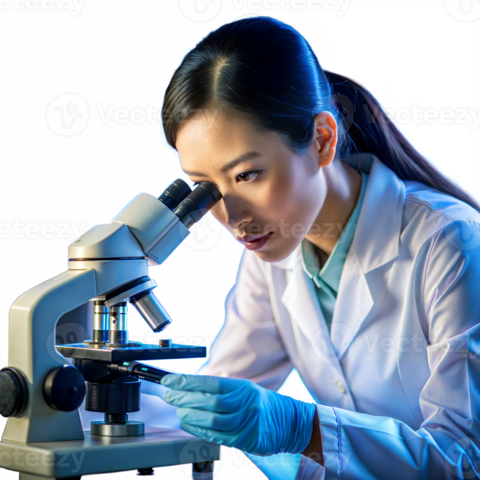 Focused scientist using microscope in modern laboratory png