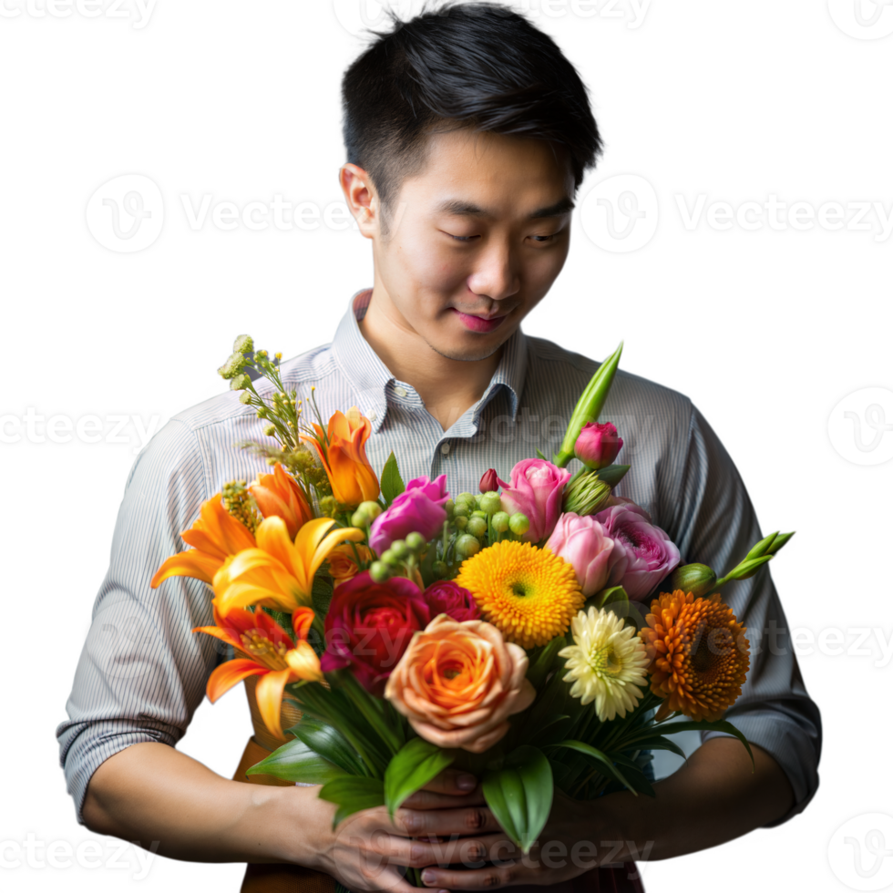 Man holding a vibrant bouquet of mixed flowers png