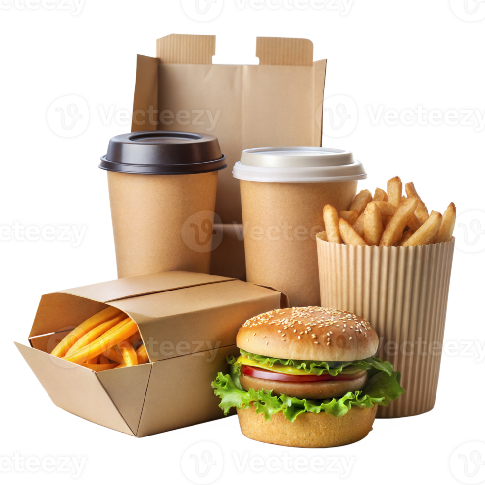 Takeout food packaging with burger, fries, and coffee png