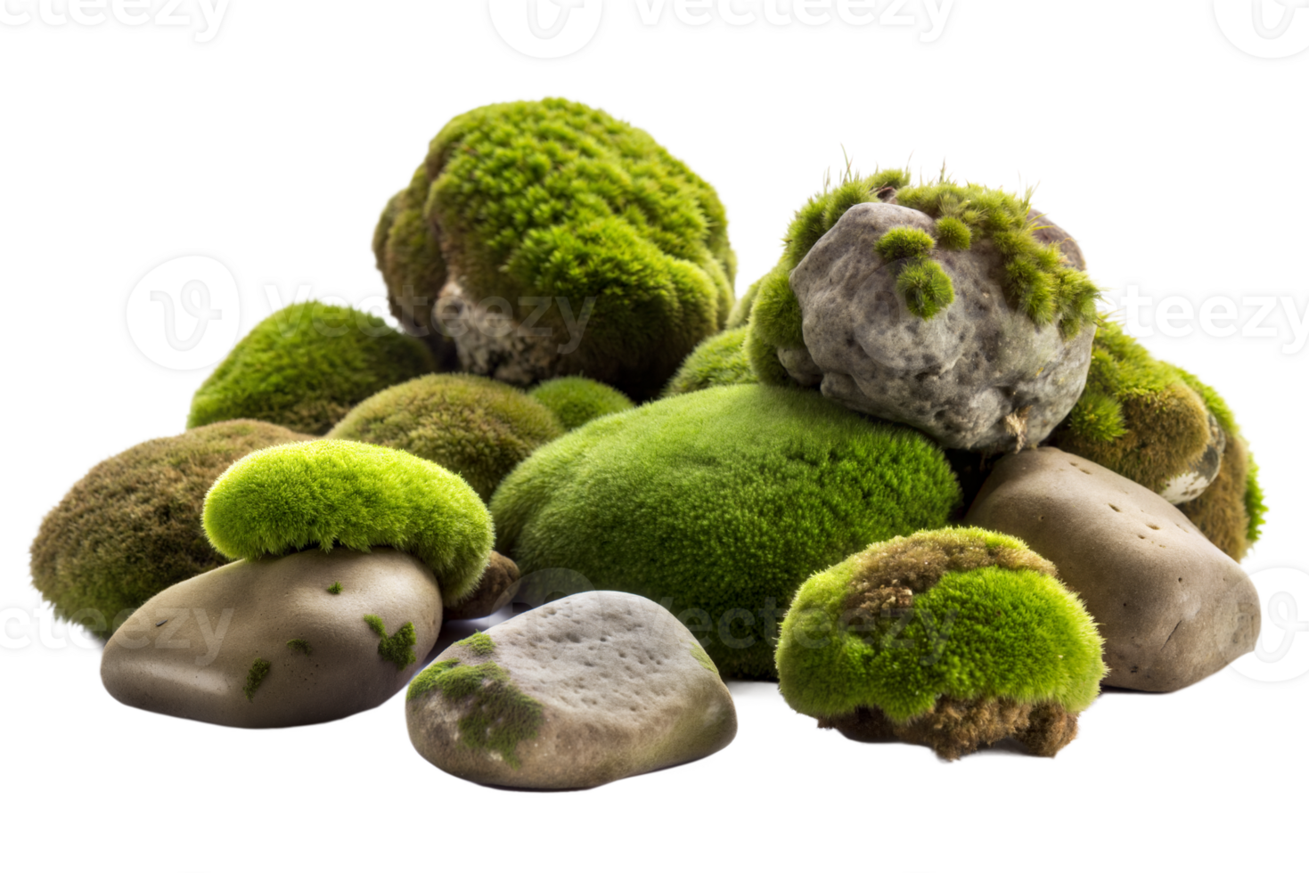 Green moss covered pile of rocks png