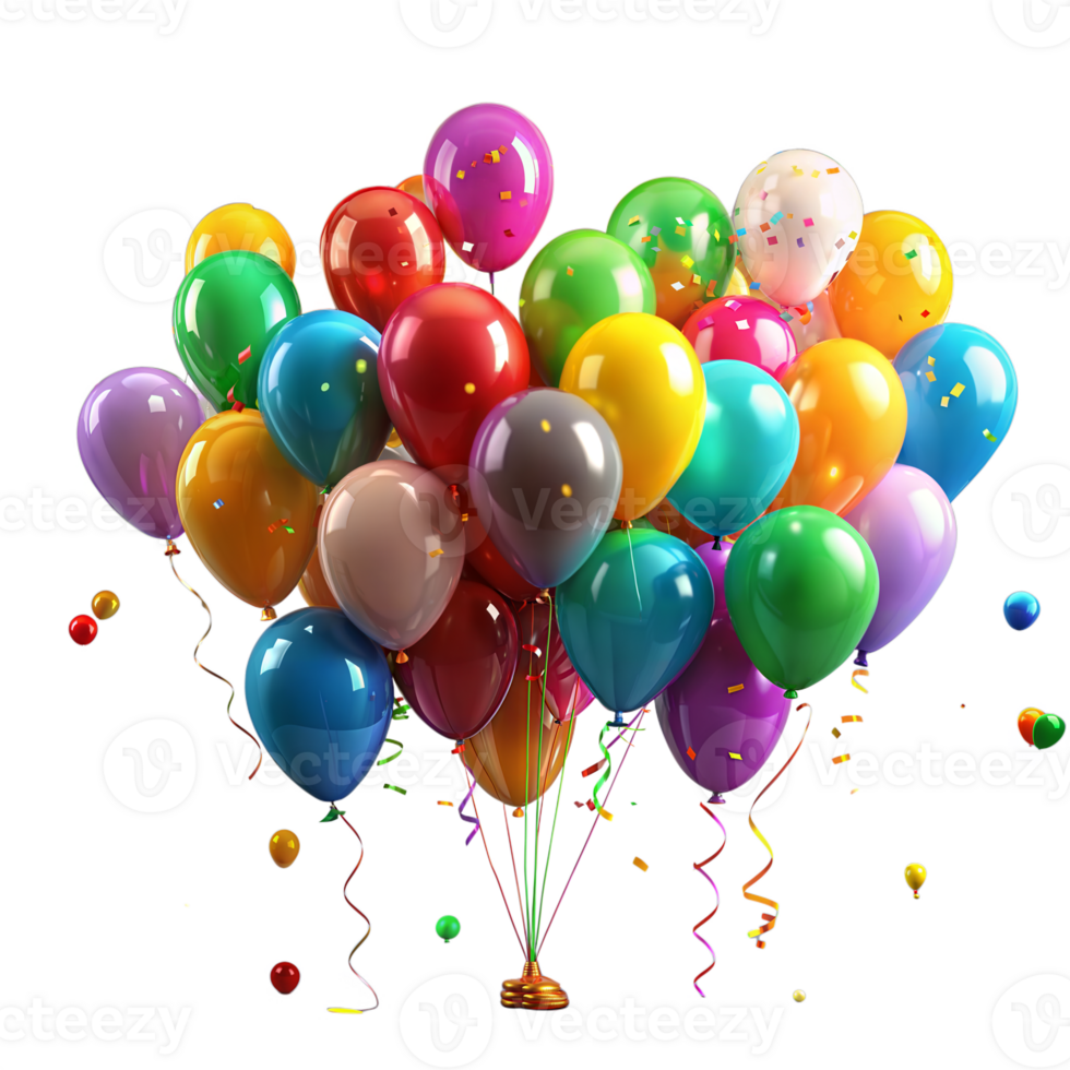 Colorful party balloons with confetti and ribbons floating png