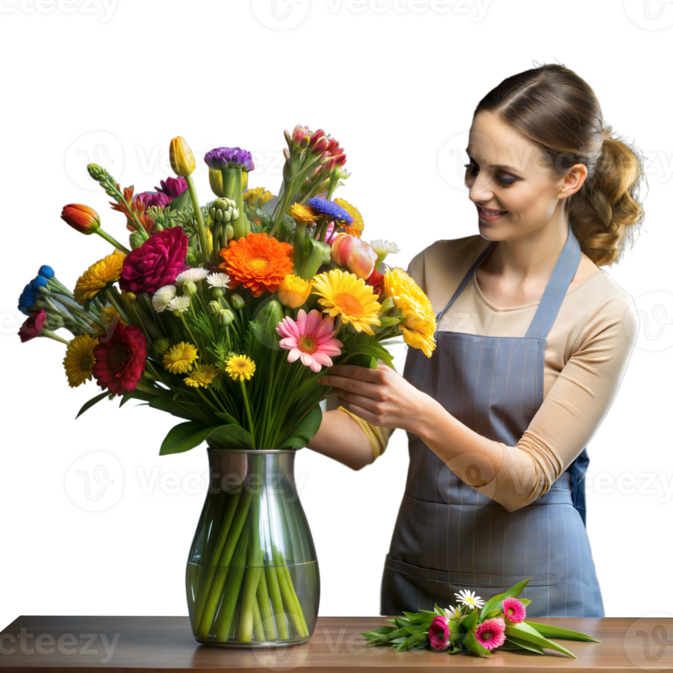 Florist arranging colorful spring bouquet in a glass vase png