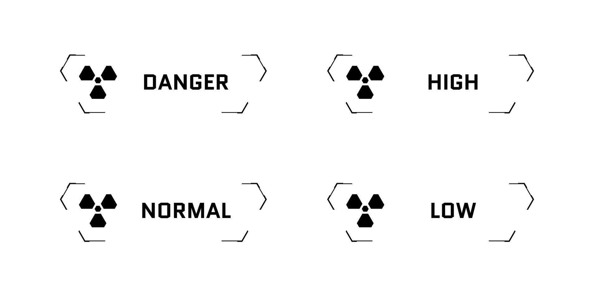 HUD digital futuristic user interface radiation frame set. Sci Fi high tech radioactive level screens. GUI and FUI cyber monitoring nuclear indicator dashboard panel. Head up display UI design element vector