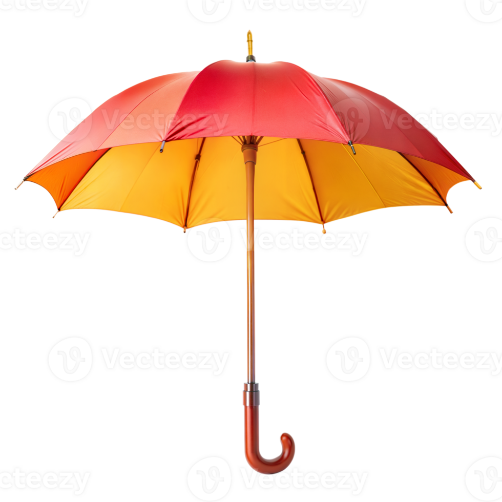 Vibrant red, yellow, and orange umbrella with wooden handle png
