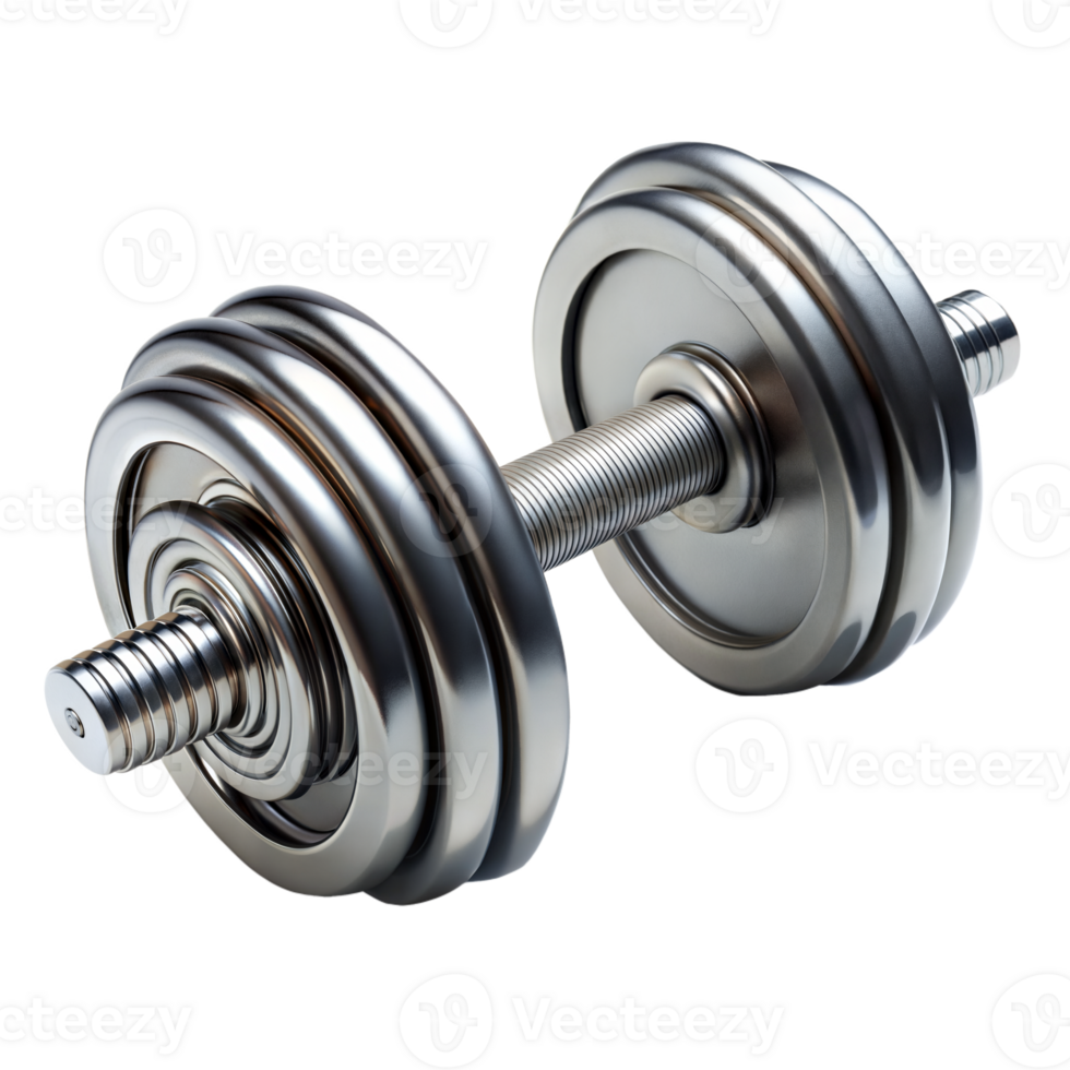 Gleaming metal dumbbell on a clean, reflective surface png