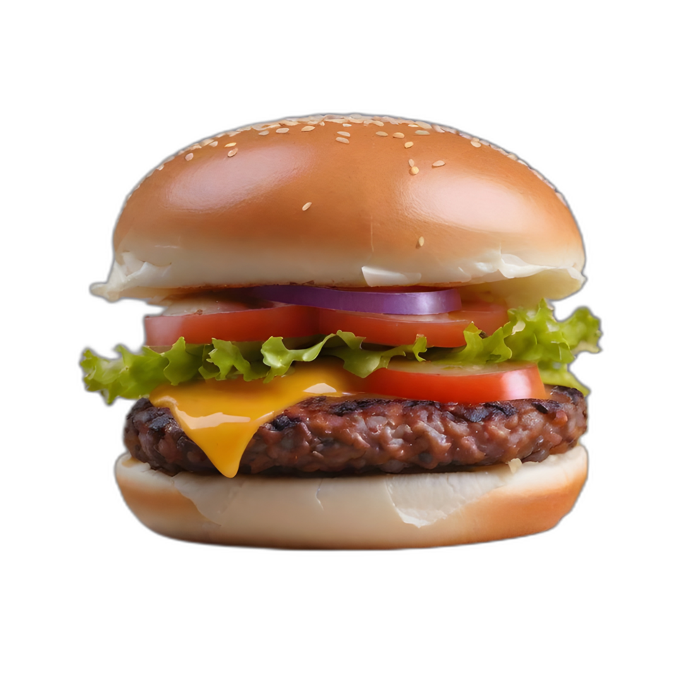 Juicy delicious burger with spices and vegetables. Appetizing burger on transparent background png