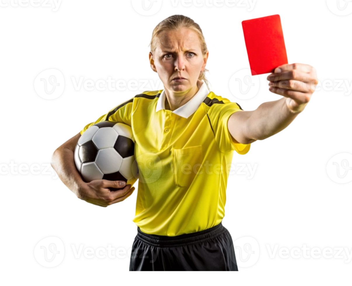 Woman referee with ball raises red card png