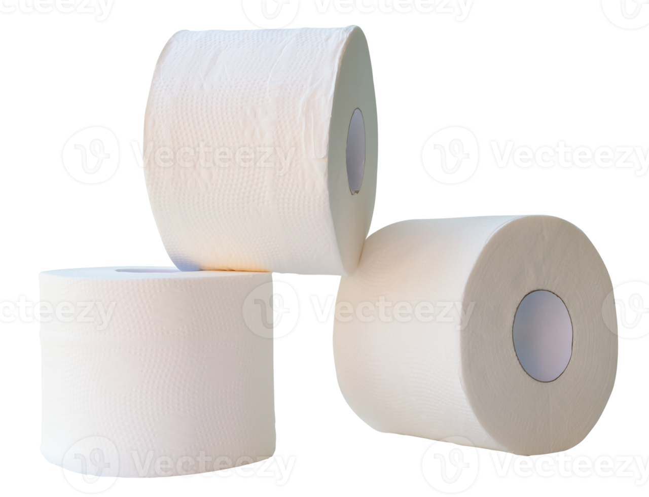 Front view of tissue paper or toilet paper rolls in stack isolated with clipping path in file format png