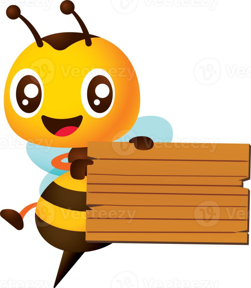 Cartoon cute honey bee hand pointing to empty wooden signboard. png