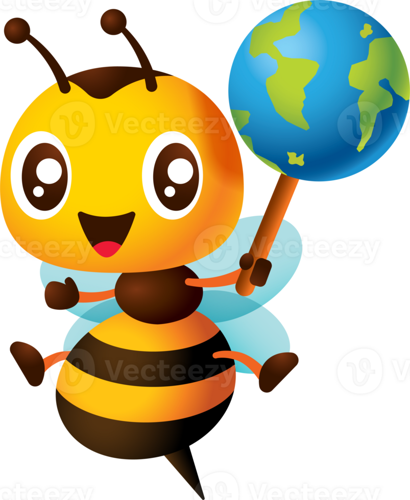 Cartoon cute honey bee carrying globe character mascot png