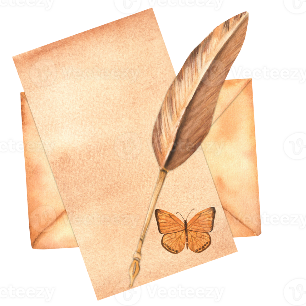 Vintage envelope with a piece of paper, a butterfly and a feather pen. Monochrome clipart. Hand-drawn watercolor illustration. png
