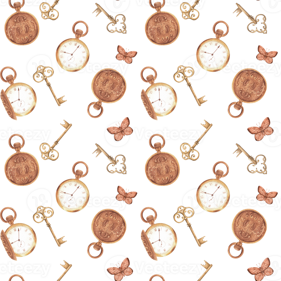 Seamless pattern in vintage style with keys, pocket watch and butterflies. Monochrome pattern in ochre color. Hand-drawn watercolor illustration. png