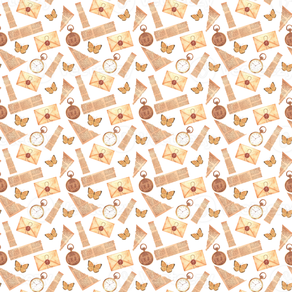 Monochrome seamless pattern with envelopes, pieces of old newspaper, watches and butterflies. Hand-drawn watercolor illustration. Vintage background for stationery, packages, textile, scrapbooking. png