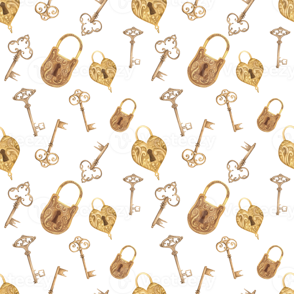 Seamless pattern in vintage style with padlocks and antique keys. Clipart in ochre color. Hand-drawn watercolor illustration. png