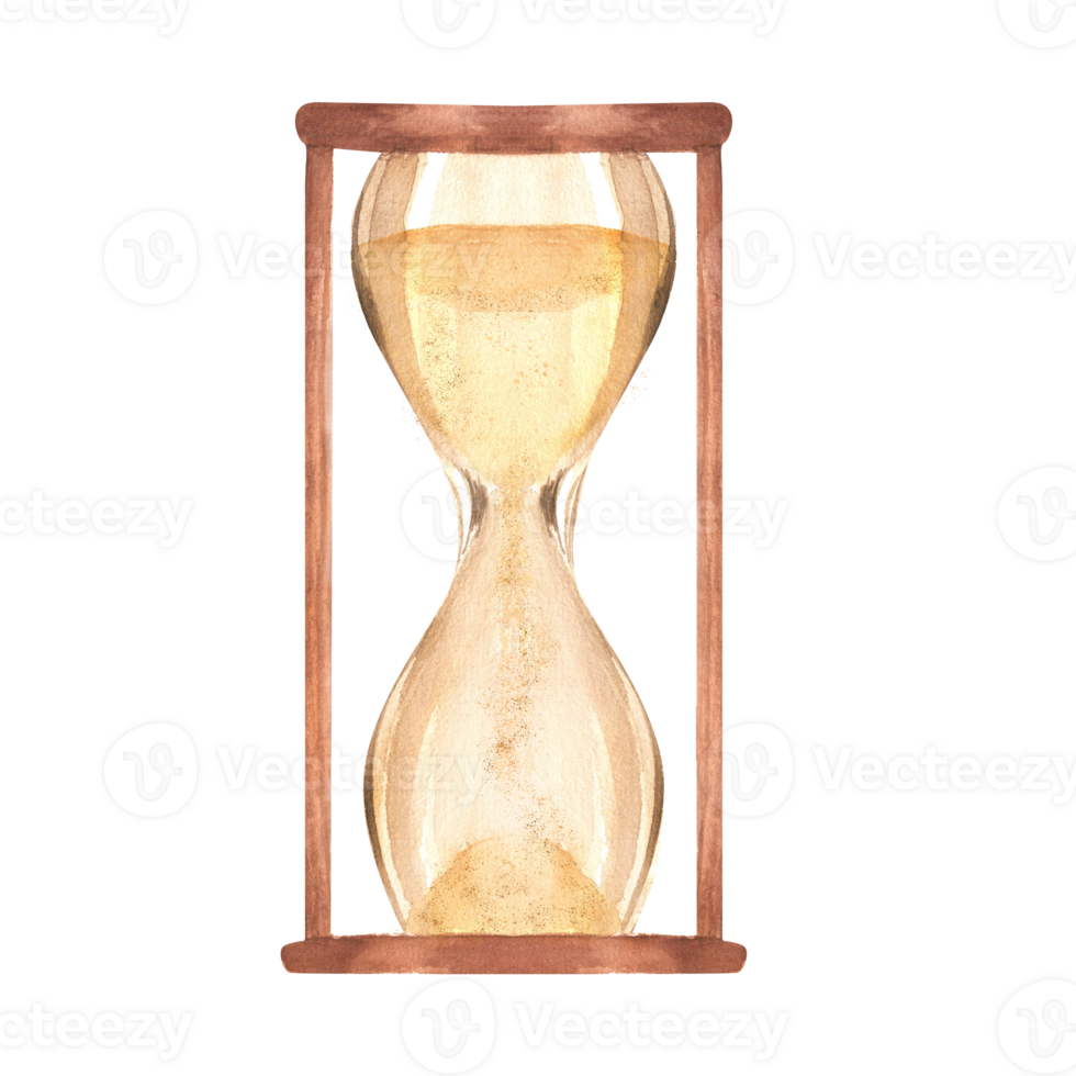 ritad för hand vattenfärg illustration. årgång timglas med ljus gul sand. svartvit timglas. ritad för hand klämma konst av antik timglas. png