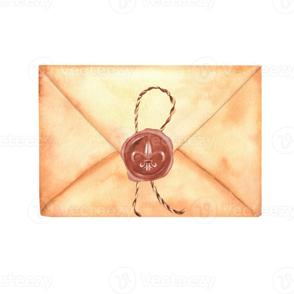 uma fechar vintage envelope com cera foca e uma corda . postal envelope para cartas. retro papel envelope. construir papel. monocromático clipart. desenhado à mão aguarela ilustração. png