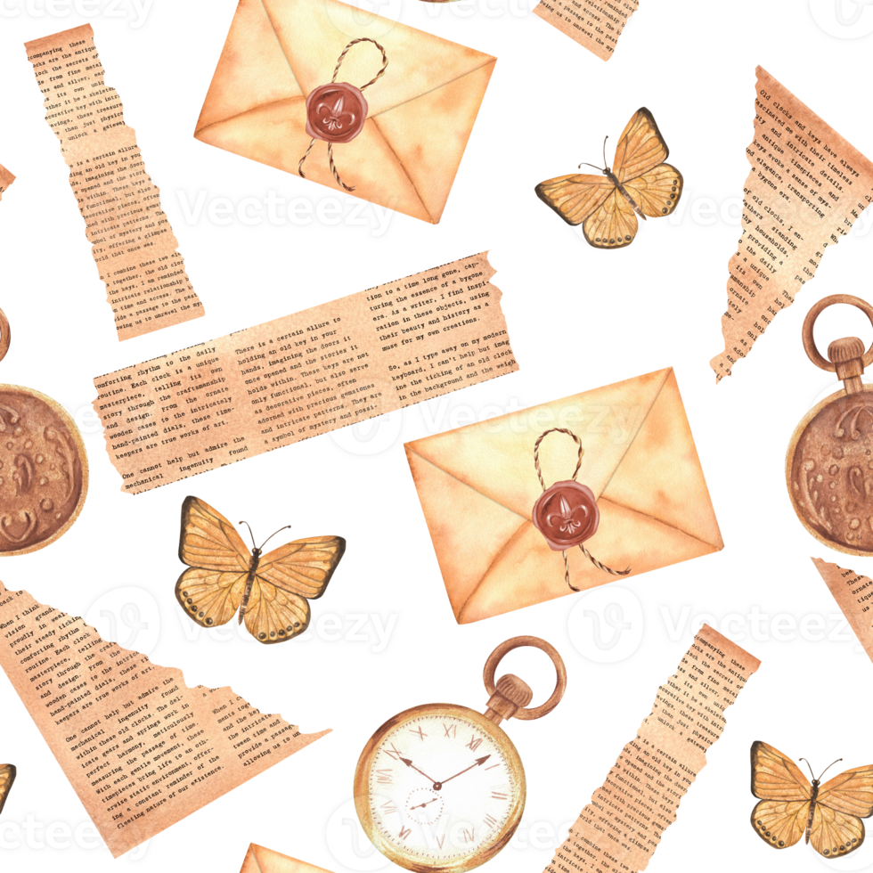Monochrome seamless pattern with envelopes, pieces of old newspaper, watches and butterflies. Hand-drawn watercolor illustration. Vintage background for stationery, packages, textile, scrapbooking. png