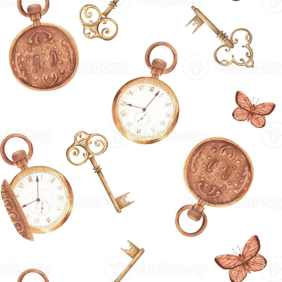 Seamless pattern in vintage style with keys, pocket watch and butterflies. Monochrome pattern in ochre color. Hand-drawn watercolor illustration png