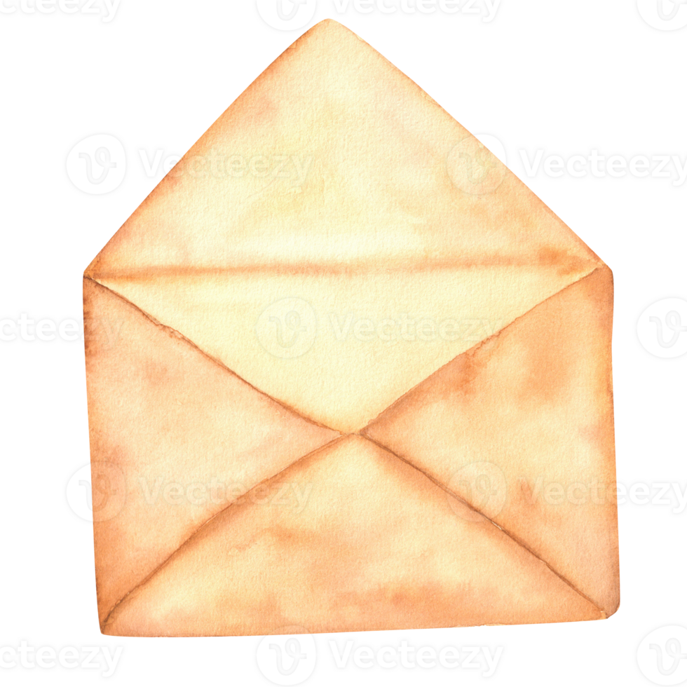 Hand-drawn watercolor illustration. An open vintage envelope. Postal envelope for letters. Retro paper envelope. Isolated monochrome clipart png
