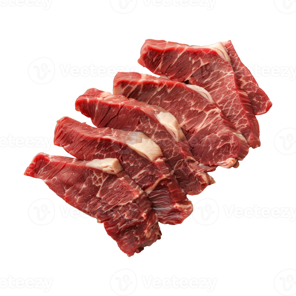 A close-up view of a variety of raw meat slices placed together. png