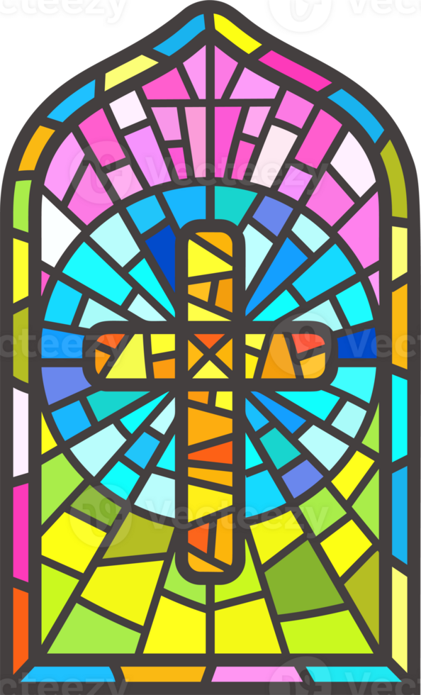 Church stained window. Christian mosaic glass arch with cross png