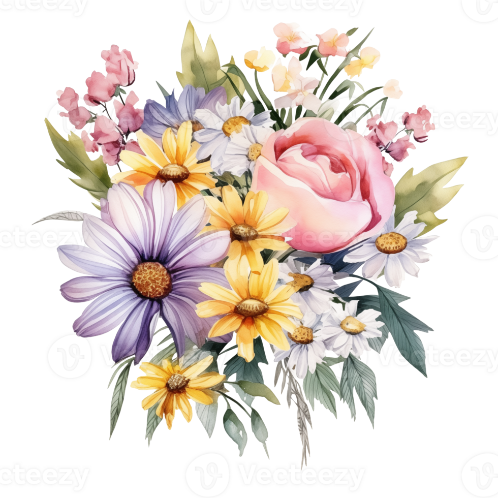 A watercolor painting of a bouquet of different types of flowers. png