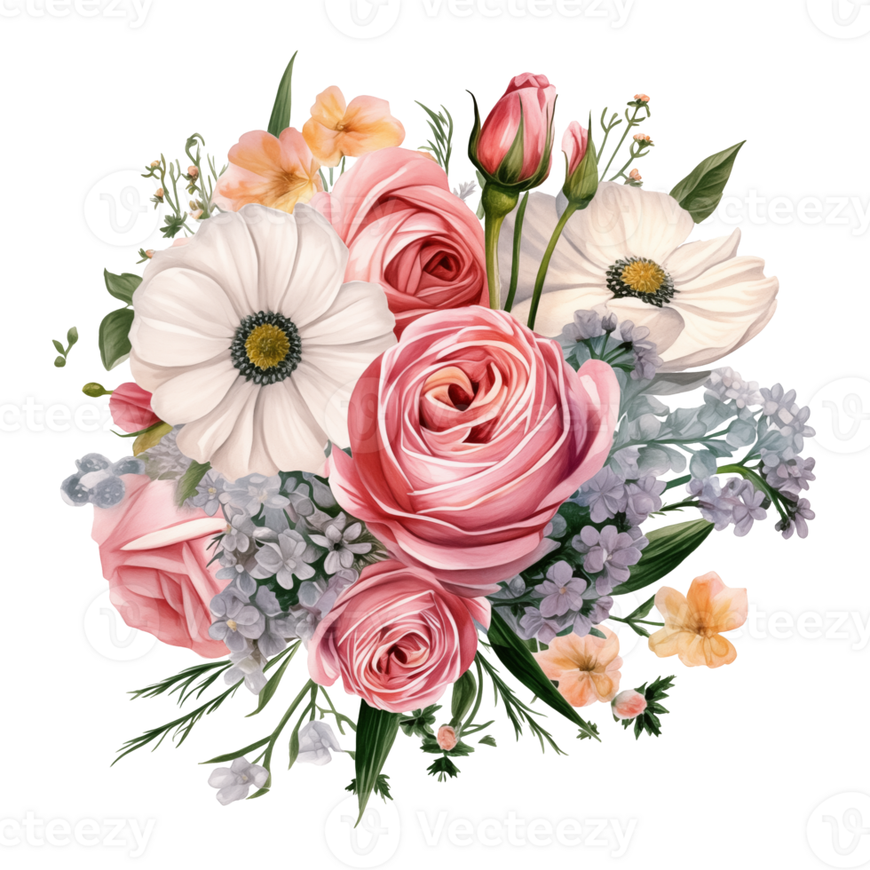 A watercolor painting of a bouquet of different types of flowers. png