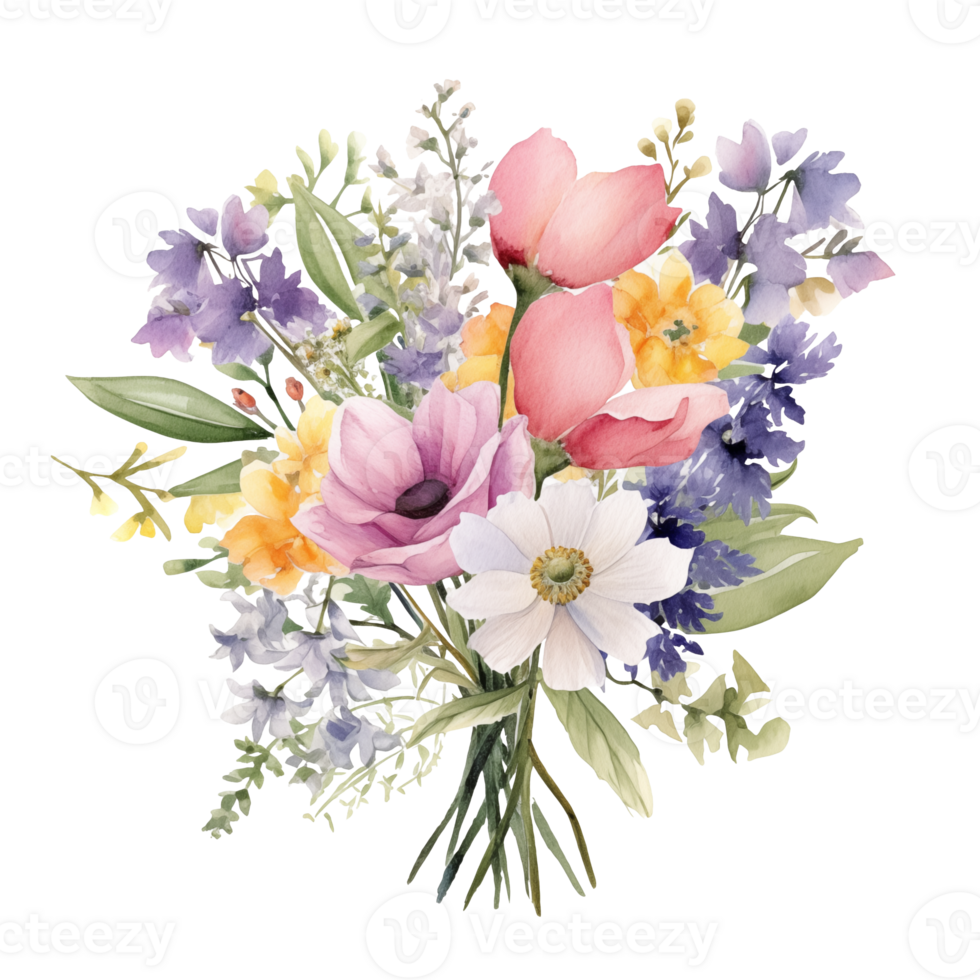 A watercolor painting of a bouquet of different types of flowers. png