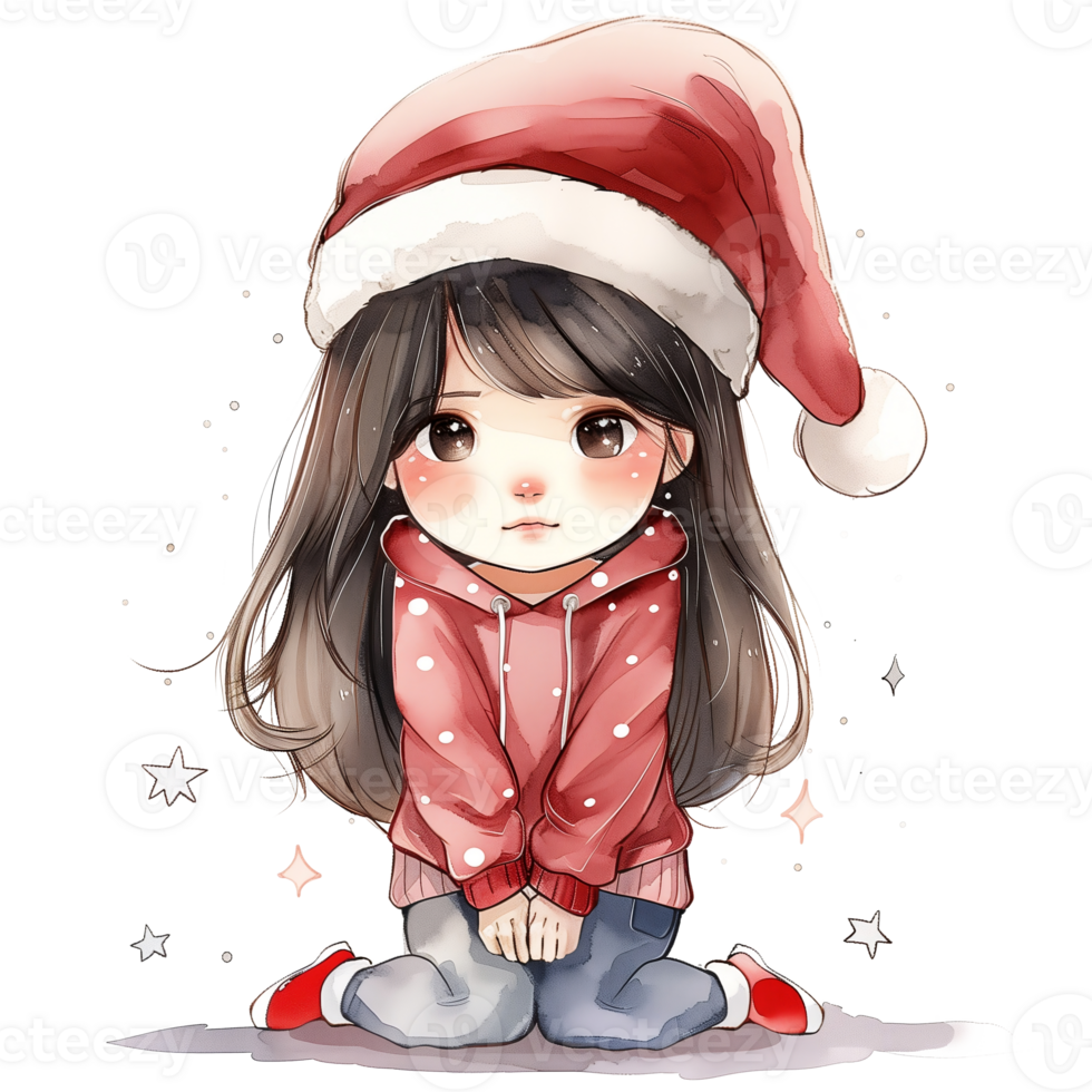 A girl wearing a Santa hat stood, her brow furrowed. png