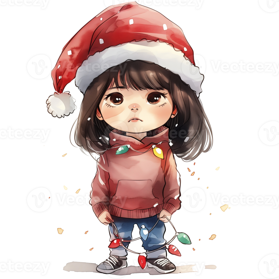 A girl wearing a Santa hat stood, her brow furrowed. png