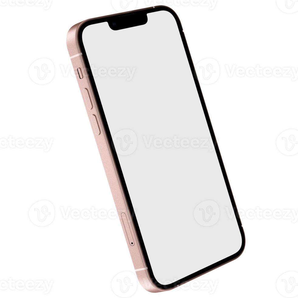 Isometric style photo of pink smartphone similar to iphone without background. Template for mockup png