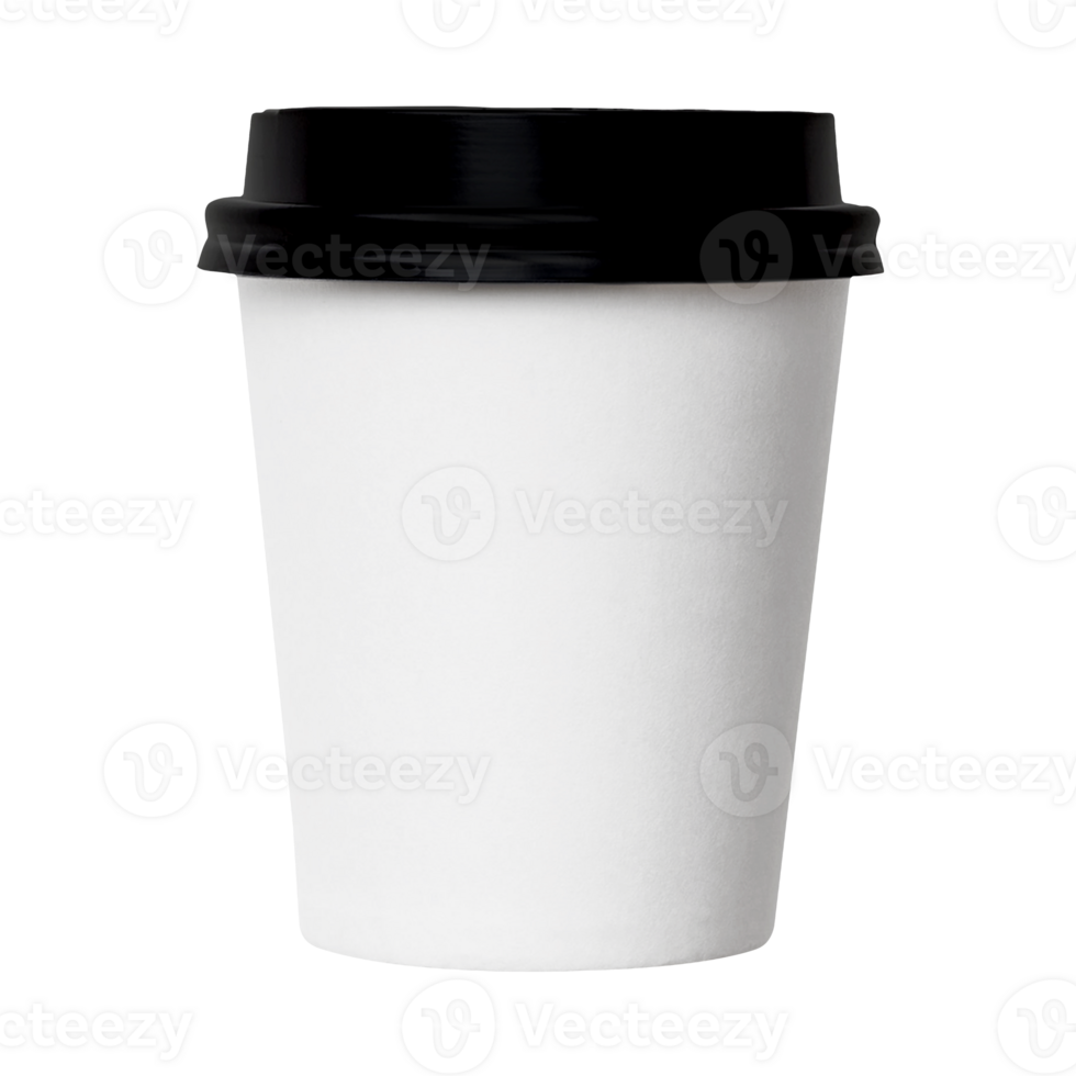 Clean and blank white paper cup for coffee without background. Template for mockup. With black lid png