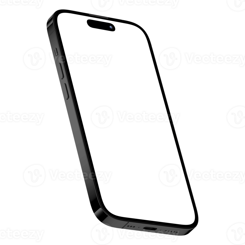 Isometric style photo of black smartphone similar to iphone without background. Template for mockup png