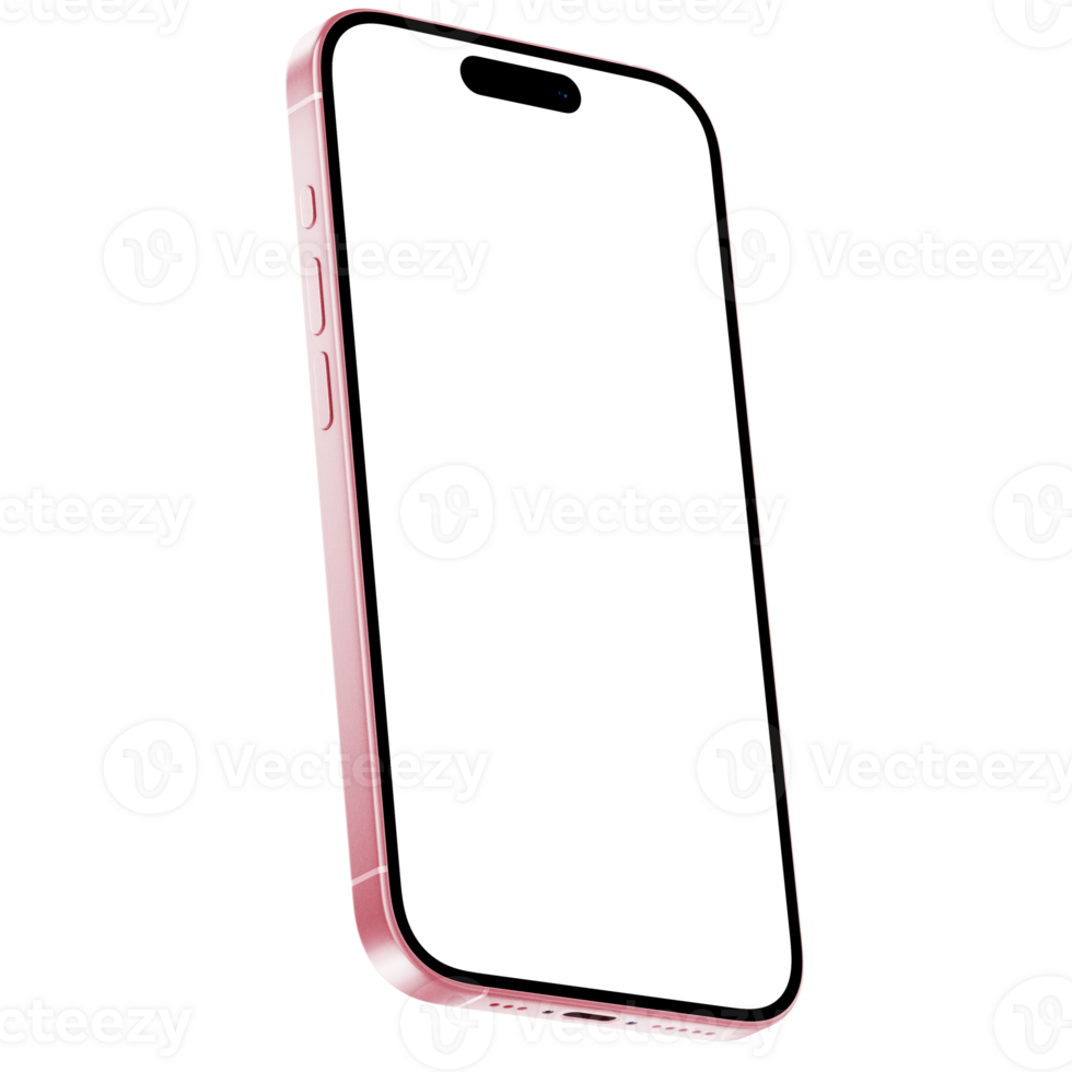 Isometric style photo of pink smartphone similar to iphone without background. Template for mockup png