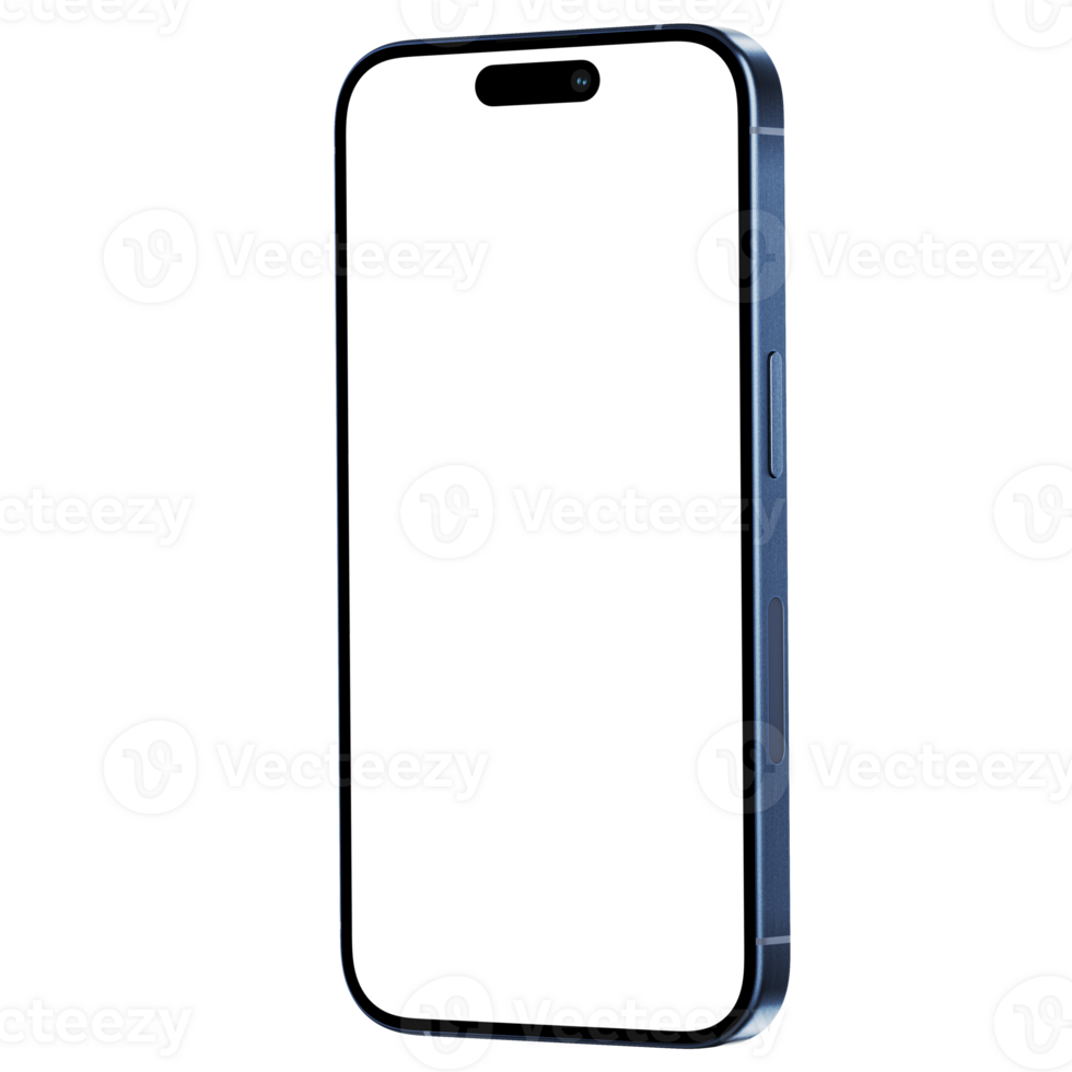 Isometric style photo of blue smartphone similar to iphone without background. Template for mockup png