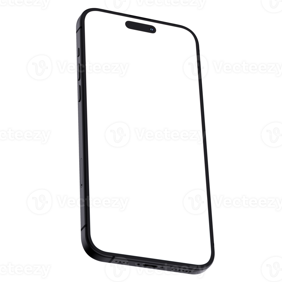 Isometric style photo of black smartphone similar to iphone without background. Template for mockup png