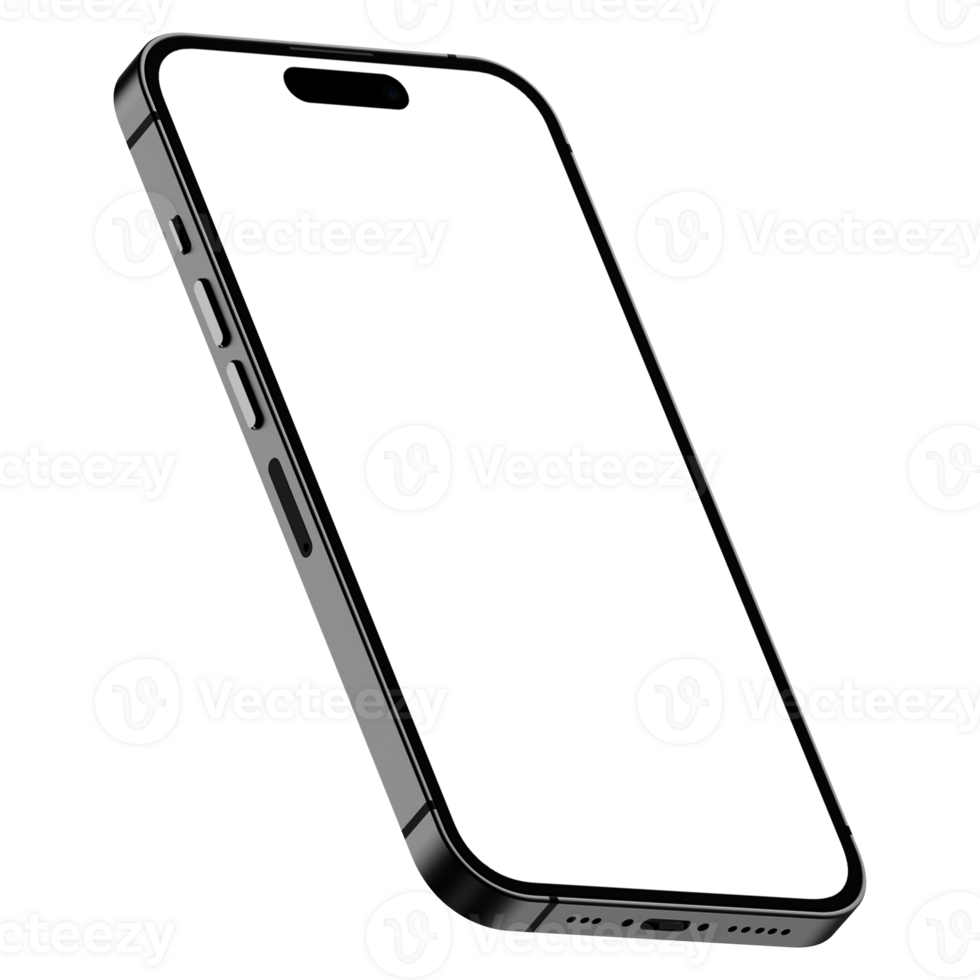 Isometric style photo of black smartphone similar to iphone without background. Template for mockup png